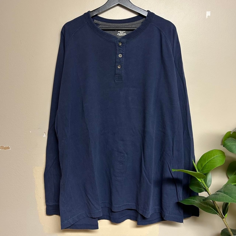 St Johns Bay Mens XXL Navy Blue Sueded Henley Long Sleeve Shirt Y2K Vintage